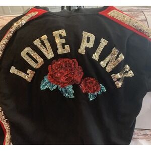 PINK Victorias Secret Women Sequin Hoodie Sweatshirt Rose Bling Black Red SZ S